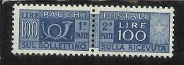 ITALY REPUBLIC ITALIA REPUBBLICA 1946 1951 PACCHI POSTALI LIRE 100 FILIGRANA RUOTA WHEEL MNH BEN CENTRATO - Paketmarken