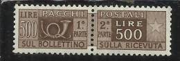ITALY REPUBLIC ITALIA REPUBBLICA 1946 - 1951 PACCHI POSTALI PARCEL POST LIRE 500 FILIGRANA RUOTA WHEEL MNH BEN CENTRATO - Postal Parcels