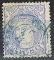 Sello 50 Mils Alegoria 1870, Fechador AZUL De SARIÑENA (Huesca), Num 107 º - Usati