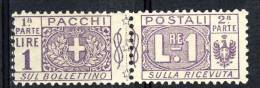 Regno VE3  Pacchi N. 12 Nodo Savoia Lire 1 Violetto MNH Cat. € 125 - Postal Parcels