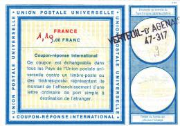 Coupon Réponse IRC France 1 Franc Corrigé Au Bic 1,10 - C 22 Verteuil D'Agenas - Reply Coupons