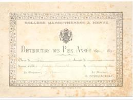 HERVE - Collège Marie-Thérèse - Distribution Des Prix - Année 1894/1895 - Diplomas Y Calificaciones Escolares