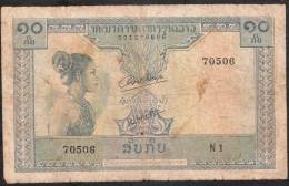 LAOS  VERY RARE SIGNATURE ! !  P10a 10 KIP 1962 Sign.1  FINE Only 2 P.h. ! ! ! - Laos