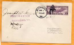 Richmond VA To Raleigh NC 1931 First Flight Air Mail Cover - 1c. 1918-1940 Briefe U. Dokumente