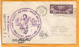 Raleigh NC To Jacksonville FL 1931 First Flight Air Mail Cover - 1c. 1918-1940 Covers