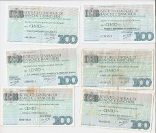 6 Miniassegni IST.CENTRALE BANCHE  BANCHIERI  L.100  :  Carpano , Del Vecchio , Banca Cimino , Banca Rosenberg - [10] Scheck Und Mini-Scheck