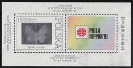 Poland Used Scott #3056 Souvenir Sheet 15,000z Aporia Crataegi Hologram With Phila Nippon '91 Label Attached - Usados