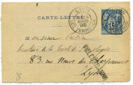 FRANCE - CARTE LETTRE 15c BLEU TYPE SAGE, DE LYON TERREAUX LE 15/3/1889, POUR VILLEURBANNE, GRIFFE LINÉAIRE - SUP - Letter Cards