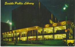 Seattle WA Washington, Public Library At Night, Main Downtown Library, C1950s/60s Vintage Postcard - Bibliotecas