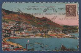 CP COLORISEE MONACO - LE PORT / VUE SUR MONTE-CARLO - EDITION LA CIGOGNE MONACO N° 107 Bis - CIRCULEE EN 1934 TIMBRE 115 - Port