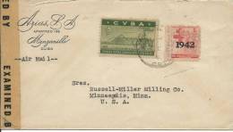 1944 Cover From Cuba To USA  One 5 Cent  Airmail Stamp & 1 Cent  O/Printed 1942   Opened By Examiner Front & Back Shown - Poste Aérienne