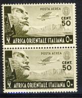 AOI Posta Aerea 1938 SS 11 Soggetti Vari, N. A2 C. 50 Bruno Oliva Coppia Verticale MNH  Cat. € 550 - Italian Eastern Africa