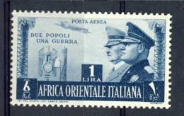 AOI Posta Aerea 1941 Fratellanza D'armi N. 20 Lire 1 Azzurro Grigio MNH-LUX, Freschissimo, Firmato Biondi Cat. € 700 - Africa Oriental Italiana