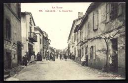 CPA ANCIENNE- FRANCE- CADALEN (81)- LA GRAND'RUE AVEC TRES BELLE ANIMATION- PUB MURALE- LISEURS DE JOURNAUX - Cadalen