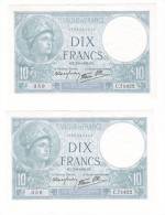 2 Billets ( N° Se Suivant )  DIX FRANCS , Type MINERVE ( Alphabet C.71422 , N° 358 + 359 ) /  Date  :  7-9-1939  ( OX ) - 10 F 1916-1942 ''Minerve''