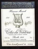 Etiquette De Vin Côtes Du Ventoux 1991- Cuvée Du Centenaire1891/1991 Des Enfants De La Nesque - Muziek & Instrumenten