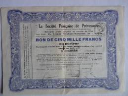 ACTION SOCIÉTÉ FRANÇAISE DE PRÉVOYANCE BON DE 5000 FRANCS AU PORTEUR PARIS - Bank & Insurance