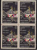 India MNH Block Of 4, 1972, International Union Of Railways, U.I.C. For Train Signal Box., Science., Techology, - Blokken & Velletjes