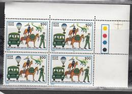 INDIA, 1992,  Army Service Corps, Block Of 4,  With Traffic Lights, Transport, Horse, Parachute, Helicopter,  MNH, (**) - Unused Stamps