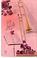 Vive Sainte Cécile- Instrument De Musique-Cuivre-Trombone à Coulisse-Fleurs (rose)-Belle Carte Postale Glacée -Bord Doré - Music