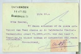 KWITANTIE FISCAAL ZEGEL * Op HANDGESCHREVEN BRIEFKAART Uit 1920 Van AMERSFOORT Naar AMSTERDAM NVPH Nr. 60  (7489) - Fiscale Zegels