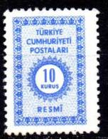 TURKEY 1965 Official - 10k. - Blue  MNG - Timbres De Service