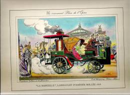 Lithographie De Guy Sabran  La "Mancelle", Landaulet D'Amédée Bollée 1878 Des Années 1960 Editeur Champrosay - Prenten & Gravure