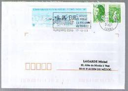 France Lettre Flamme & CAD Auxerre 17-12-2003 / Tp Sabine 2157 Roulette & Liberté 2222 + étiquette Marseille à 0,04 - Rollen