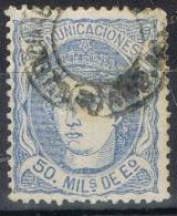 Sello 50 Mils Alegoria 1870, Fechador AMBULANTE Valencia Barcelona, MUDO, Num 107 º - Used Stamps