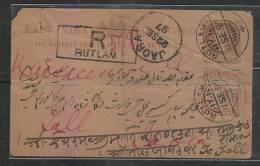 India  1897  QV  1/4A Post Card Registered Used  Rutlam  To  Jaora  #  46547   Indien Inde - 1858-79 Kronenkolonie