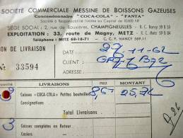 54 57 Societe Commercial  Messine De Boissons Gazeuses  Concessionnaire COCA COLA FANTA - Rechnungen