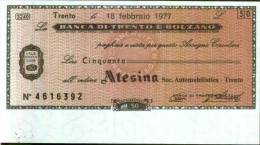 BANCA DI TRENTO E BOLZANO - TRENTO - Lire 50 Per ATESINA Trento - [10] Chèques