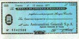 BANCA DI TRENTO E BOLZANO - TRENTO - Lire 150 Per Assicurazioni Generali Trento - [10] Scheck Und Mini-Scheck