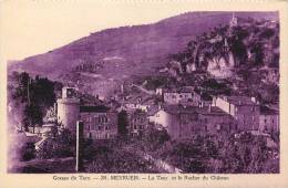 MEYRUEIS LA TOUR ET LE ROCHER DU CHATEAU CARTE DE COULEUR VIOLETTE - Meyrueis