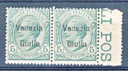 Venezia Giulia 1918-19 SS 2 N. 21 C. 5 Verde Coppia Orizzontale Bordo Di Foglio MNH - Venezia Giulia