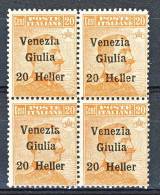 Venezia Giulia 1918-19 SS 3 N. 31 H. 20 Su C. 20 Arancio QUARTINA MNH - Vénétie Julienne