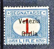 Venezia Giulia 1918 Tasse N. 7 Lire 1 Azzurro E Carminio MNH, Cat. € 1600 - Venezia Giulia