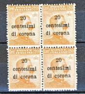 Trento E Trieste 1919 SS 1 N. 5 C. 20 Su C. 20 Arancio QUARTINA MNH - Trentino & Triest