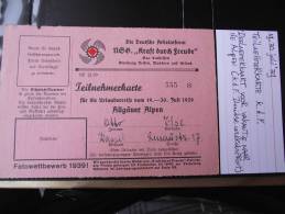 1939 Third Reich Teilnehmerkarte Kdf With Swastika - Historical Documents