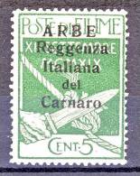 Arbe 1920 Francobolli Di Fiume Soprastampati Reggenza Italiana Del Carnaro SS 51 N. 5 C. 5 Verde MNH Cat. € 110 - Arbe & Veglia