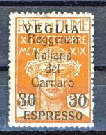 Veglia 1920 Espresso N. 1 C. 30 Su 20 Ocra Francobolli Di Fiume Soprastampati  MLH, Firmato Biondi Cat. € 450 - Arbe & Veglia