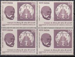 India MNH 1982, Block Of 4,  Robert Koch, Tubercle Bacillus, Health, Disease, Bacteria, Medicine, Nobel Prize, Biology - Blokken & Velletjes