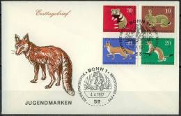 Mdk028b FAUNA ZOOGDIEREN VOS HAMSTER WEZEL KONIJN RABBIT FOX WEASEL FUCHS KANINCHEN MAMMALS DEUTSCHE BUNDESPOST 1967 FDC - Animalez De Caza