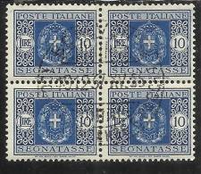 ITALY KINGDOM ITALIA REGNO 1934 SEGNATASSE FASCI LIRE 10 QUARTINA BLOCK USED TIMBRATO - Portomarken