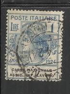 ITALY KINGDOM ITALIA REGNO 1924 PARASTATALI CASSA NAZIONALE ASSICURAZIONI INFORTUNI SUL LAVORO LIRE 1 USED - Franquicia