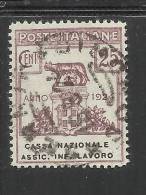 ITALY KINGDOM ITALIA REGNO 1924 PARASTATALI CASSA NAZIONALE ASSICURAZIONI INFORTUNI SUL LAVORO CENT. 25 USED - Franquicia