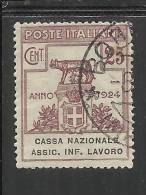 ITALY KINGDOM ITALIA REGNO 1924 PARASTATALI CASSA NAZIONALE ASSICURAZIONI INFORTUNI SUL LAVORO CENT. 25 USED - Franquicia