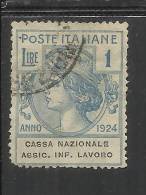 ITALY KINGDOM ITALIA REGNO 1924 PARASTATALI CASSA NAZIONALE ASSICURAZIONI INFORTUNI SUL LAVORO LIRE 1 USED - Portofreiheit