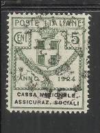 ITALY KINGDOM ITALIA REGNO 1924 PARASTATALI CASSA NAZIONALE ASSICURAZIONI SOCIALII CENT. 5 USED - Franquicia