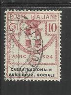 ITALY KINGDOM ITALIA REGNO 1924 PARASTATALI CASSA NAZIONALE ASSICURAZIONI SOCIALI CENT. 10 USED - Portofreiheit